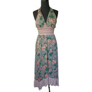 Angie Dress Womens Size Med Floral Halter Neck Sleeveless Midi Ruffle Hem Boho